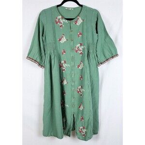 Cottage Peasant Dress Womens M Sage Green Lagenlook Boho Prairie Earthy Woven